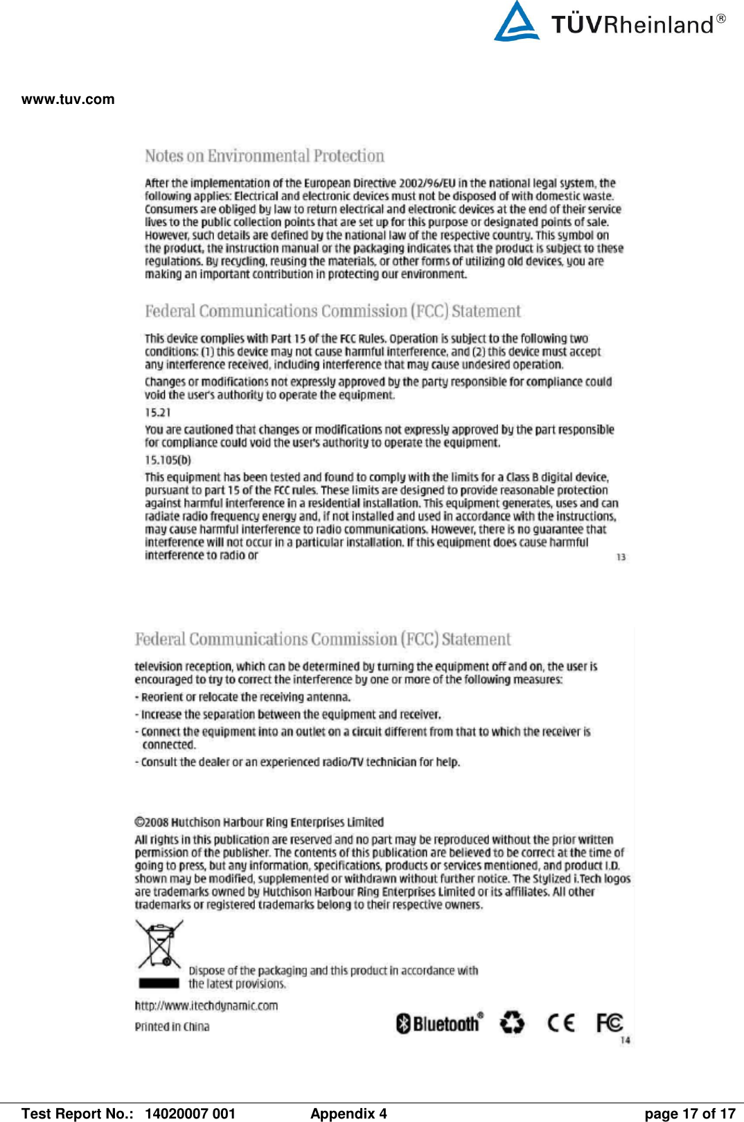 www.tuv.com   Test Report No.:  14020007 001  Appendix 4  page 17 of 17    