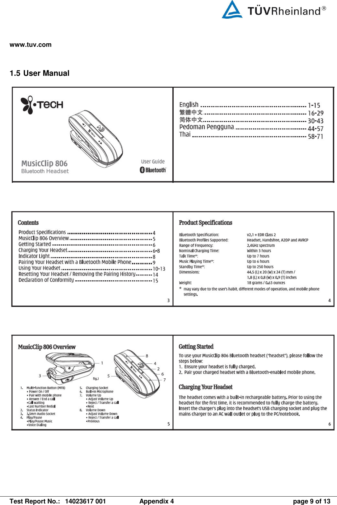 www.tuv.com   Test Report No.:  14023617 001  Appendix 4  page 9 of 13 1.5 User Manual       