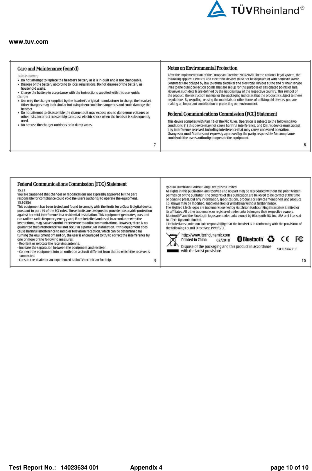 www.tuv.com   Test Report No.:  14023634 001  Appendix 4  page 10 of 10        