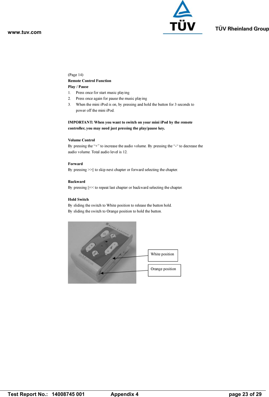 www.tuv.com   Test Report No.:  14008745 001  Appendix 4  page 23 of 29 