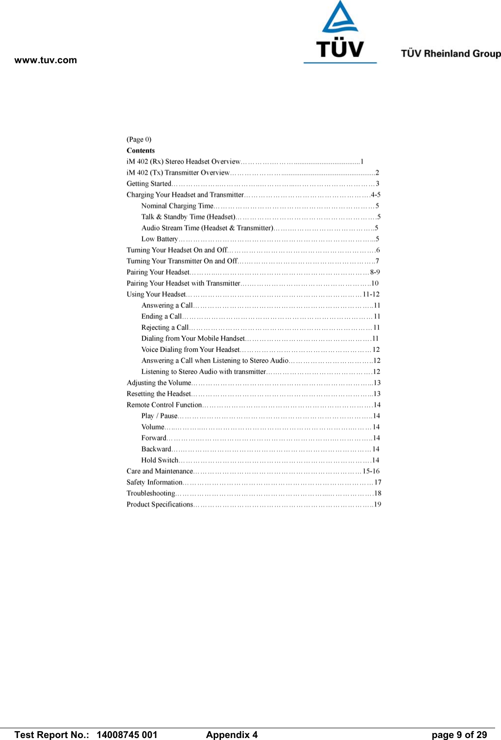 www.tuv.com   Test Report No.:  14008745 001  Appendix 4  page 9 of 29 