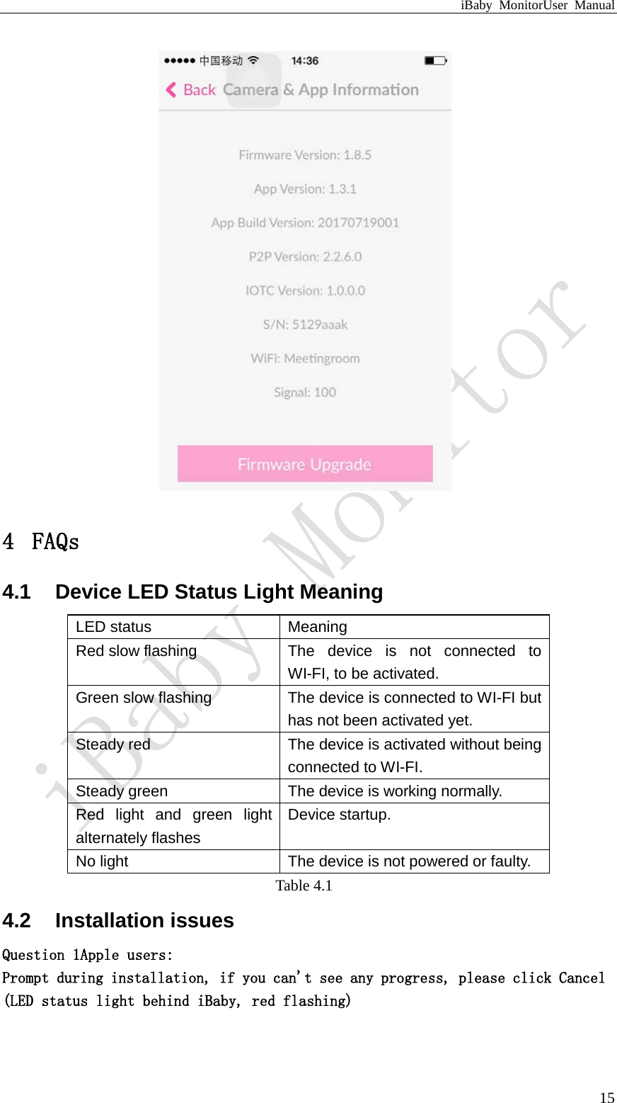 iBaby MonitorUser Manual  15  4 FAQs 4.1 Device LED Status Light Meaning LED status Meaning Red slow flashing The  device is not connected to WI-FI, to be activated. Green slow flashing The device is connected to WI-FI but has not been activated yet. Steady red The device is activated without being connected to WI-FI. Steady green The device is working normally. Red light and  green light alternately flashes Device startup. No light The device is not powered or faulty. Table 4.1 4.2 Installation issues Question 1Apple users: Prompt during installation, if you can&apos;t see any progress, please click Cancel (LED status light behind iBaby, red flashing)