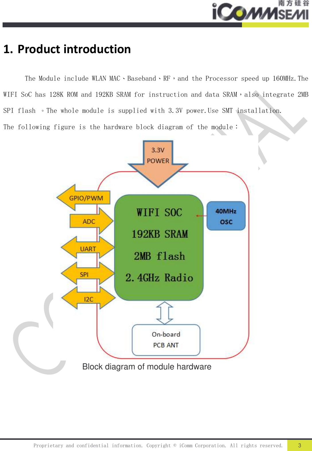   Proprietary and confidential information. Copyright © iComm Corporation. All rights reserved. 3   1. Product introduction  The Module include WLAN MAC、Baseband、RF，and the Processor speed up 160MHz.The WIFI SoC has 128K ROM and 192KB SRAM for instruction and data SRAM，also integrate 2MB SPI flash 。The whole module is supplied with 3.3V power.Use SMT installation. The following figure is the hardware block diagram of the module：                        Block diagram of module hardware                              