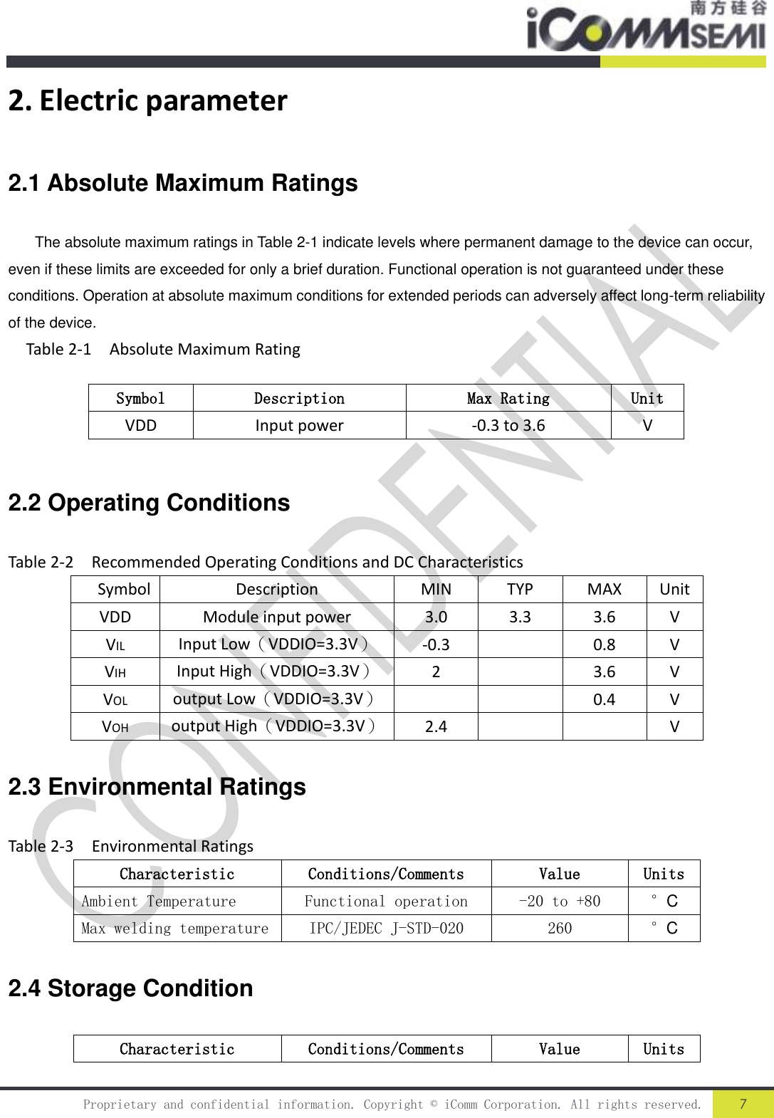   Proprietary and confidential information. Copyright © iComm Corporation. All rights reserved. 7  2. Electric parameter 2.1 Absolute Maximum Ratings    The absolute maximum ratings in Table 2-1 indicate levels where permanent damage to the device can occur, even if these limits are exceeded for only a brief duration. Functional operation is not guaranteed under these conditions. Operation at absolute maximum conditions for extended periods can adversely affect long-term reliability of the device.   Table 2-1    Absolute Maximum Rating 2.2 Operating Conditions Table 2-2    Recommended Operating Conditions and DC Characteristics   Symbol Description MIN TYP MAX Unit VDD Module input power 3.0 3.3 3.6 V VIL Input Low（VDDIO=3.3V） -0.3  0.8 V VIH Input High（VDDIO=3.3V） 2  3.6 V VOL output Low（VDDIO=3.3V）   0.4 V VOH output High（VDDIO=3.3V） 2.4   V 2.3 Environmental Ratings Table 2-3  Environmental Ratings Characteristic Conditions/Comments  Value  Units  Ambient Temperature   Functional operation  -20 to +80  °C   Max welding temperature IPC/JEDEC J-STD-020 260 °C 2.4 Storage Condition Characteristic Conditions/Comments  Value  Units  Symbol Description Max Rating Unit VDD Input power -0.3 to 3.6 V 