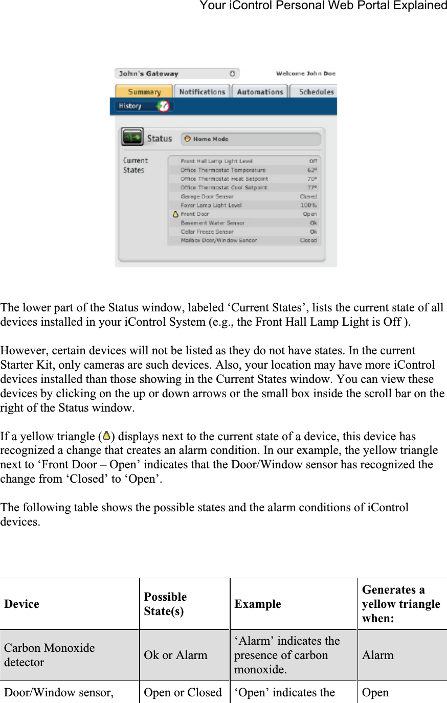 Your iControl Personal Web Portal Explained The lower part of the Status window, labeled ‘Current States’, lists the current state of all devices installed in your iControl System (e.g., the Front Hall Lamp Light is Off ). However, certain devices will not be listed as they do not have states. In the current Starter Kit, only cameras are such devices. Also, your location may have more iControl devices installed than those showing in the Current States window. You can view these devices by clicking on the up or down arrows or the small box inside the scroll bar on the right of the Status window. If a yellow triangle ( ) displays next to the current state of a device, this device has recognized a change that creates an alarm condition. In our example, the yellow triangle next to ‘Front Door – Open’ indicates that the Door/Window sensor has recognized the change from ‘Closed’ to ‘Open’. The following table shows the possible states and the alarm conditions of iControl devices.    Device PossibleState(s) ExampleGenerates a yellow triangle when:Carbon Monoxide detector Ok or Alarm ‘Alarm’ indicates the presence of carbon monoxide.Alarm Door/Window sensor,  Open or Closed  ‘Open’ indicates the  Open 