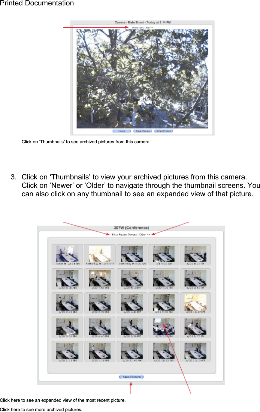 Printed Documentation Click on ‘Thumbnails’ to see archived pictures from this camera. 3.  Click on ‘Thumbnails’ to view your archived pictures from this camera. Click on ‘Newer’ or ‘Older’ to navigate through the thumbnail screens. You can also click on any thumbnail to see an expanded view of that picture. Click here to see an expanded view of the most recent picture. Click here to see more archived pictures. 