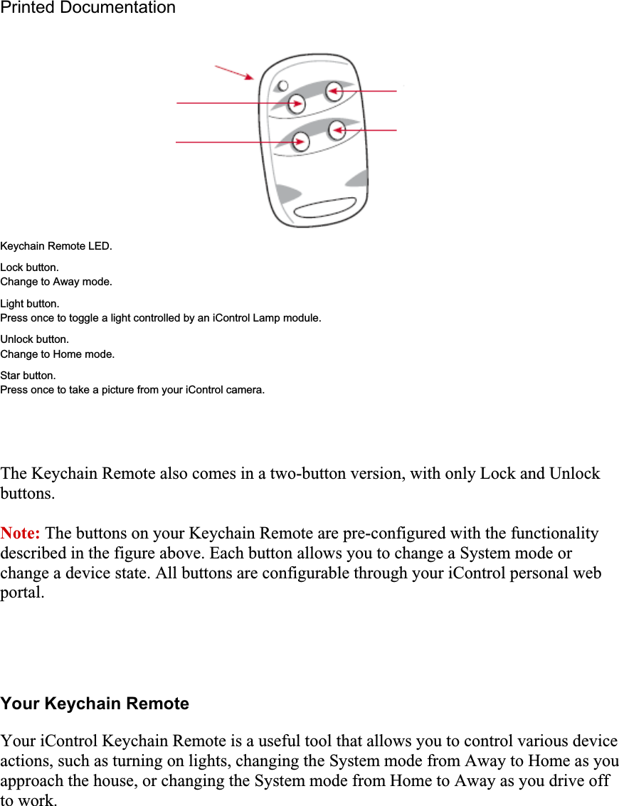 Printed Documentation Keychain Remote LED. Lock button. Change to Away mode. Light button. Press once to toggle a light controlled by an iControl Lamp module. Unlock button. Change to Home mode. Star button. Press once to take a picture from your iControl camera. The Keychain Remote also comes in a two-button version, with only Lock and Unlock buttons.Note: The buttons on your Keychain Remote are pre-configured with the functionality described in the figure above. Each button allows you to change a System mode or change a device state. All buttons are configurable through your iControl personal web portal.Your Keychain Remote Your iControl Keychain Remote is a useful tool that allows you to control various device actions, such as turning on lights, changing the System mode from Away to Home as you approach the house, or changing the System mode from Home to Away as you drive off to work. 