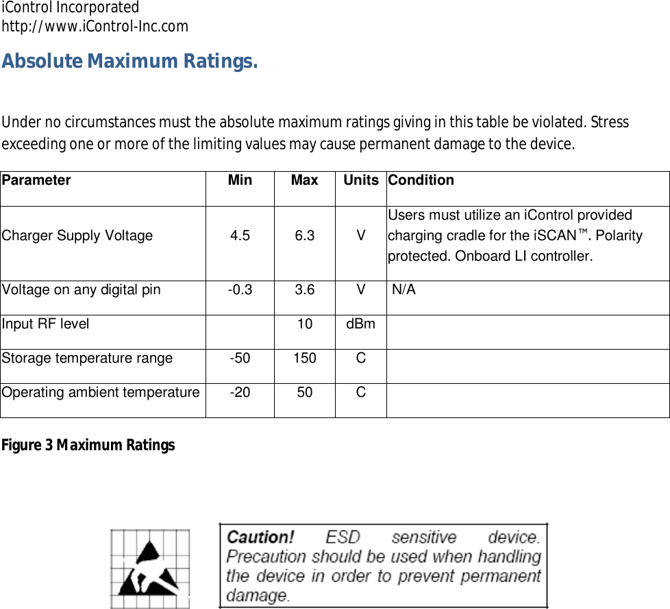 iControl Incorporated http://www.iControl-Inc.com Absolute Maximum Ratings.  Under no circumstances must the absolute maximum ratings giving in this table be violated. Stress exceeding one or more of the limiting values may cause permanent damage to the device. Parameter Min  Max Units Condition Charger Supply Voltage  4.5  6.3  V Users must utilize an iControl provided charging cradle for the iSCAN&trade;. Polarity protected. Onboard LI controller. Voltage on any digital pin  -0.3  3.6  V   N/A Input RF level     10  dBm    Storage temperature range  -50  150  C    Operating ambient temperature -20  50  C       Figure 3 Maximum Ratings 
