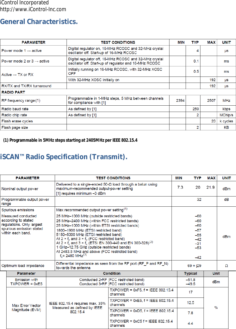 iControl Incorporated http://www.iControl-Inc.com General Characteristics.  iSCAN&trade; Radio Specification (Transmit).   (1) Programmable in 5MHz steps starting at 2405MHz per IEEE 802.15.4 