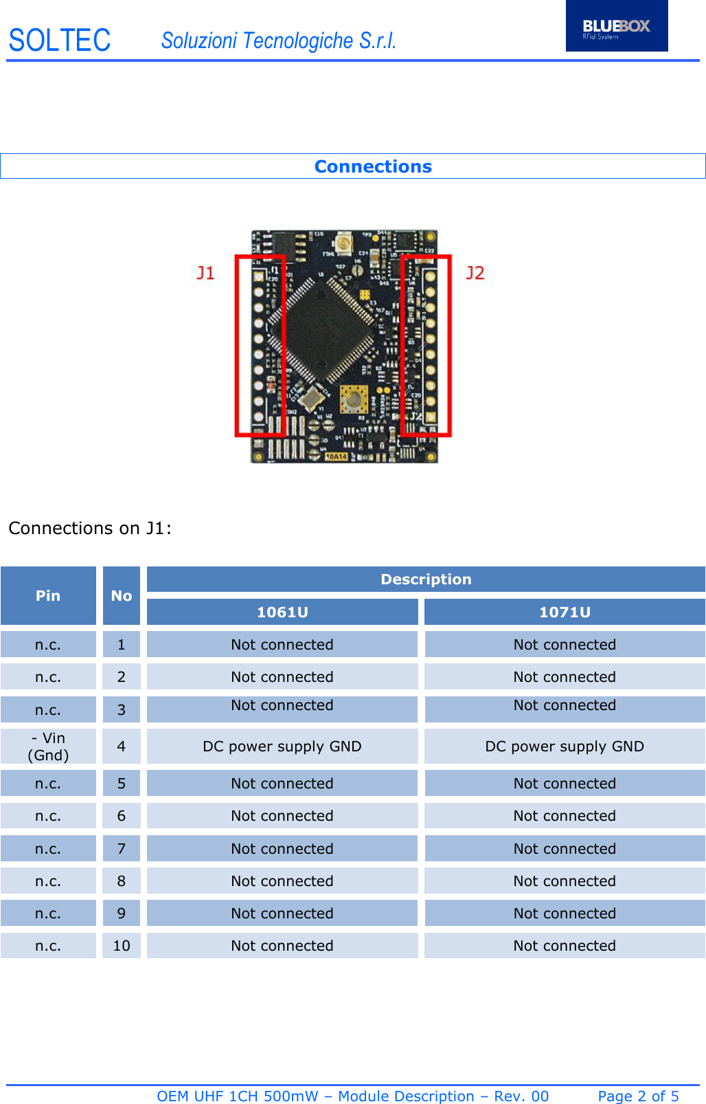 SOLTEC Soluzioni Tecnologiche S.r.l. OEM UHF 1CH 500mW – Module Description – Rev. 00  Page 2 of 5 Connections Connections on J1: Pin No Description 1061U 1071U n.c. 1 Not connected Not connected n.c. 2 Not connected Not connected n.c. 3 Not connected Not connected - Vin (Gnd) 4 DC power supply GND DC power supply GND n.c. 5 Not connected Not connected n.c. 6 Not connected Not connected n.c. 7 Not connected Not connected n.c. 8 Not connected Not connected n.c. 9 Not connected Not connected n.c. 10 Not connected Not connected 