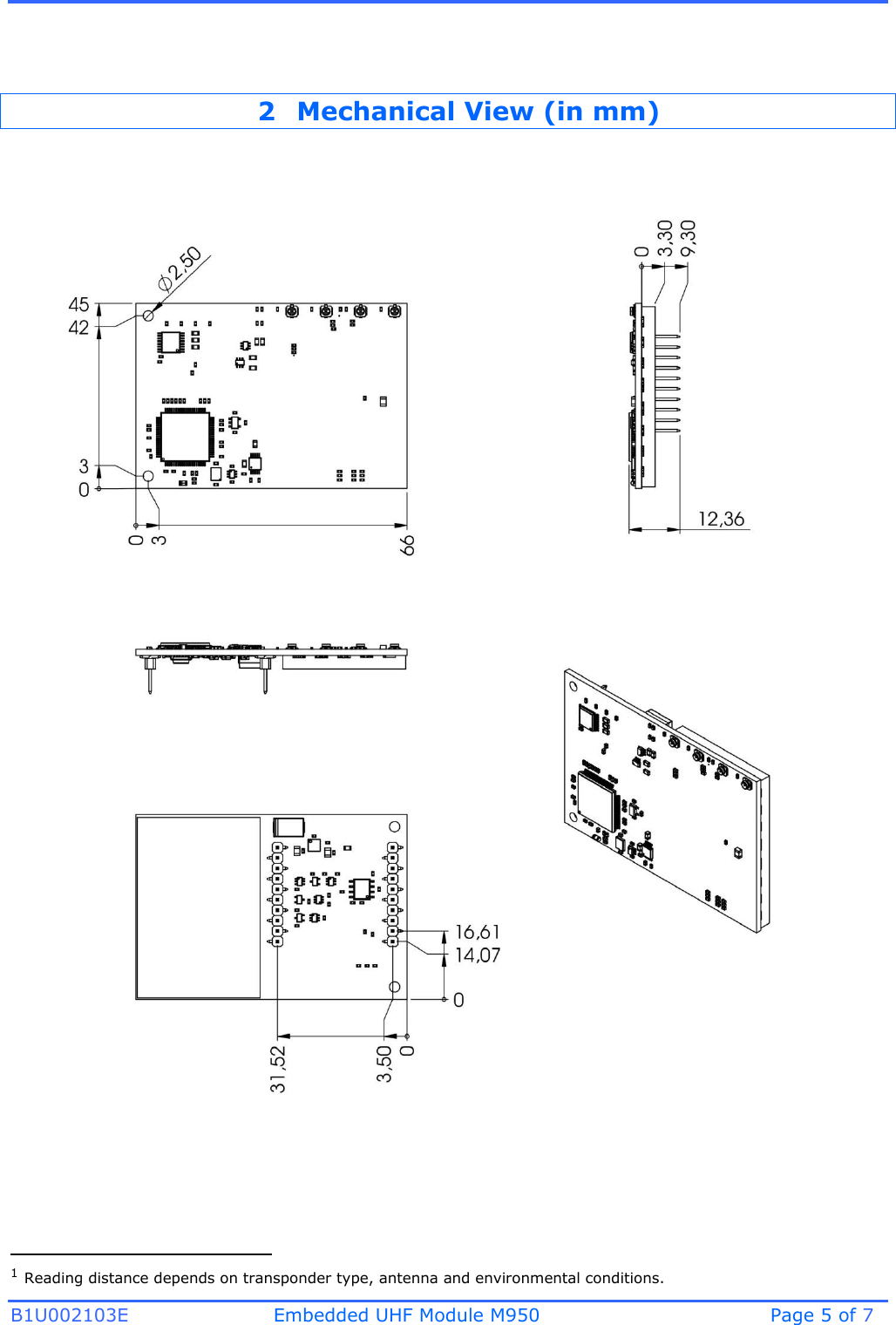 B1U002103E Embedded UHF Module M950 Page 5 of 7 2 Mechanical View (in mm)1 Reading distance depends on transponder type, antenna and environmental conditions. 