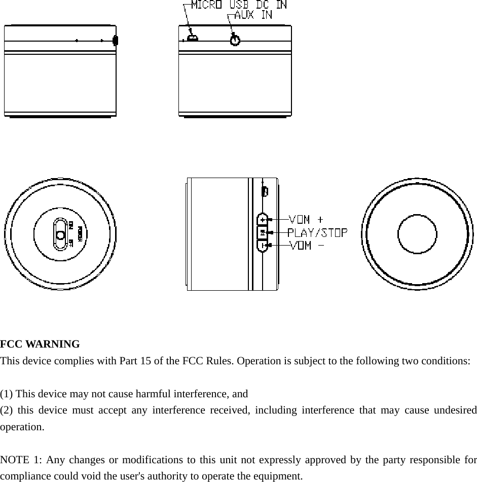     FCC WARNING This device complies with Part 15 of the FCC Rules. Operation is subject to the following two conditions:  (1) This device may not cause harmful interference, and (2) this device must accept any interference received, including interference that may cause undesired operation.  NOTE 1: Any changes or modifications to this unit not expressly approved by the party responsible for compliance could void the user&apos;s authority to operate the equipment. 