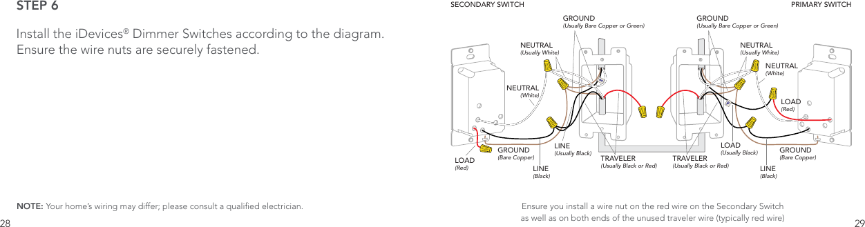 28 29STEP 6Install the iDevices® Dimmer Switches according to the diagram. Ensure the wire nuts are securely fastened. NOTE: Your home’s wiring may differ; please consult a qualied electrician. Ensure you install a wire nut on the red wire on the Secondary Switch as well as on both ends of the unused traveler wire (typically red wire)SPLINE (Black)LINE (Black)LOAD (Usually Black)SECONDARY SWITCH PRIMARY SWITCHNEUTRAL(Usually White)NEUTRAL(Usually White)NEUTRAL(White)NEUTRAL(White)TRAVELER(Usually Black or Red)TRAVELER(Usually Black or Red)GROUND(Bare Copper)GROUND(Bare Copper)GROUND(Usually Bare Copper or Green)GROUND(Usually Bare Copper or Green)LINE(Usually Black)LOAD(Red)LOAD(Red)