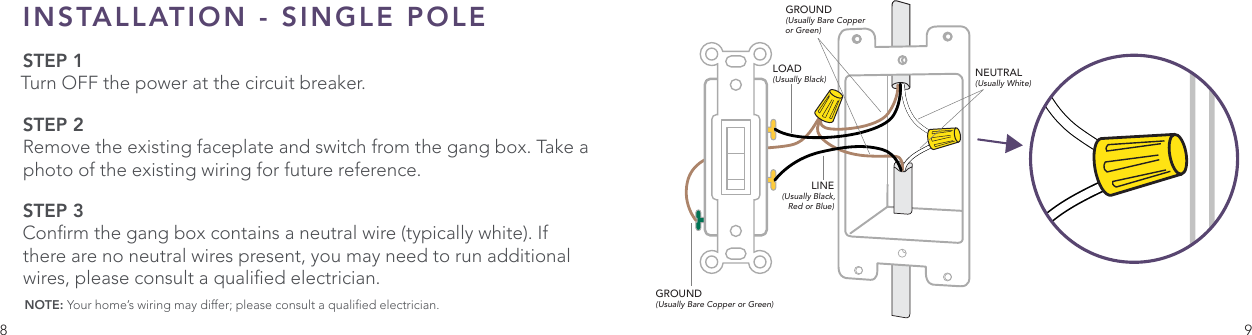 8 9INSTALLATION - SINGLE POLESTEP 1 Turn OFF the power at the circuit breaker.STEP 2 Remove the existing faceplate and switch from the gang box. Take a photo of the existing wiring for future reference.STEP 3 Conrm the gang box contains a neutral wire (typically white). If there are no neutral wires present, you may need to run additional wires, please consult a qualied electrician.NOTE: Your home’s wiring may differ; please consult a qualied electrician. GROUND(Usually Bare Copper or Green)LOAD(Usually Black)LINE(Usually Black, Red or Blue)NEUTRAL(Usually White)GROUND(Usually Bare Copper or Green)