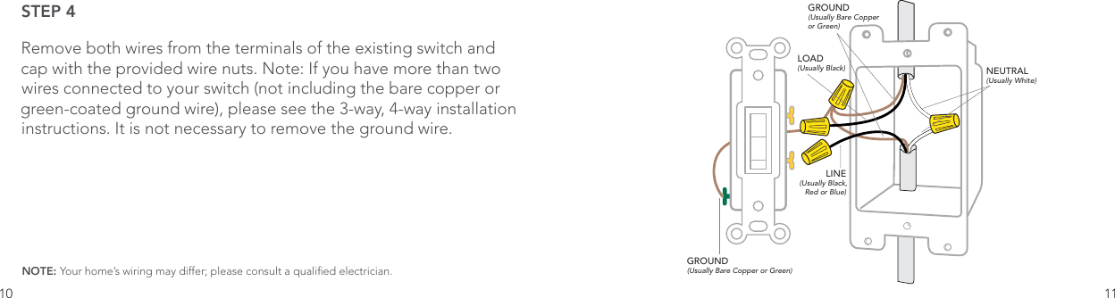 10 11STEP 4Remove both wires from the terminals of the existing switch and cap with the provided wire nuts. Note: If you have more than two wires connected to your switch (not including the bare copper or green-coated ground wire), please see the 3-way, 4-way installation instructions. It is not necessary to remove the ground wire.NOTE: Your home’s wiring may differ; please consult a qualied electrician. GROUND(Usually Bare Copper or Green)LOAD(Usually Black)LINE(Usually Black, Red or Blue)NEUTRAL(Usually White)GROUND(Usually Bare Copper or Green)