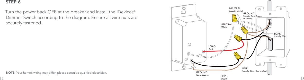 14 15STEP 6Turn the power back OFF at the breaker and install the iDevices® Dimmer Switch according to the diagram. Ensure all wire nuts are securely fastened.NOTE: Your home’s wiring may differ; please consult a qualied electrician.NEUTRAL(White)NEUTRAL(Usually White)LOAD(Usually Black)LOAD(Red)GROUND(Bare Copper)GROUND(Usually Bare Copper or Green)LINE(Usually Black, Red or Blue)LINE(Black)