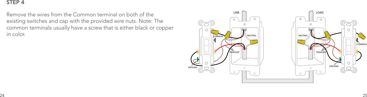 24 25STEP 4Remove the wires from the Common terminal on both of the existing switches and cap with the provided wire nuts. Note: The common terminals usually have a screw that is either black or copper in color.LINE LOADNEUTRAL NEUTRALTRAVELER TRAVELERCOMMONCOMMONGROUNDGROUND