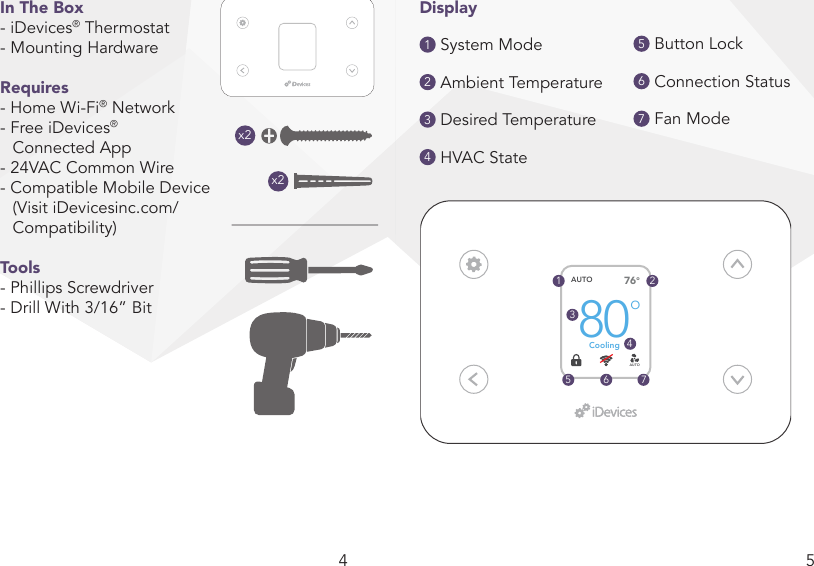 4 580AUTO Cooling76oAUTOoDisplay1 System Mode2 Ambient Temperature3 Desired Temperature4 HVAC State5 Button Lock6 Connection Status7 Fan Mode1234765In The Box- iDevices® Thermostat- Mounting HardwareRequires- Home Wi-Fi® Network- Free iDevices®   Connected App- 24VAC Common Wire- Compatible Mobile Device  (Visit iDevicesinc.com/ Compatibility)Tools- Phillips Screwdriver- Drill With 3/16” Bitx2x2
