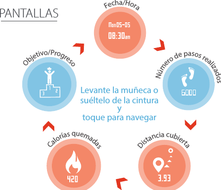  PANTALLASObjetivo/ProgresoFecha/HoraNúmero de pasos realizadosCalorías quemadasDistancia cubiertaLevante la muñeca osuéltelo de la cinturaytoque para navegarZeit/Datum