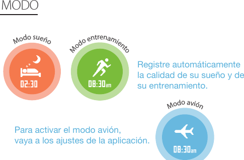    Registre automáticamentela calidad de su sueño y de su entrenamiento.Para activar el modo avión,vaya a los ajustes de la aplicación.MODOModo sueñoModo entrenamientoModo avión