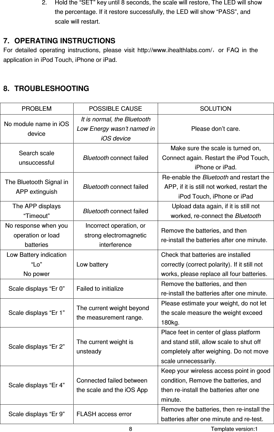     Template version:1  8 2.  Hold the “SET” key until 8 seconds, the scale will restore, The LED will show the percentage. If it restore successfully, the LED will show “PASS”, and scale will restart.  7.  OPERATING INSTRUCTIONS For  detailed  operating  instructions,  please  visit  http://www.ihealthlabs.com/，or  FAQ  in  the application in iPod Touch, iPhone or iPad.  8.  TROUBLESHOOTING  PROBLEM  POSSIBLE CAUSE  SOLUTION No module name in iOS device It is normal, the Bluetooth Low Energy wasn’t named in iOS device Please don’t care. Search scale unsuccessful  Bluetooth connect failed Make sure the scale is turned on, Connect again. Restart the iPod Touch, iPhone or iPad. The Bluetooth Signal in APP extinguish  Bluetooth connect failed Re-enable the Bluetooth and restart the APP, if it is still not worked, restart the iPod Touch, iPhone or iPad The APP displays “Timeout”  Bluetooth connect failed  Upload data again, if it is still not worked, re-connect the Bluetooth   No response when you operation or load batteries Incorrect operation, or strong electromagnetic interference Remove the batteries, and then re-install the batteries after one minute. Low Battery indication “Lo”   No power Low battery Check that batteries are installed correctly (correct polarity). If it still not works, please replace all four batteries. Scale displays “Er 0”  Failed to initialize  Remove the batteries, and then re-install the batteries after one minute. Scale displays “Er 1”  The current weight beyond the measurement range. Please estimate your weight, do not let the scale measure the weight exceed 180kg. Scale displays “Er 2”  The current weight is unsteady Place feet in center of glass platform and stand still, allow scale to shut off completely after weighing. Do not move scale unnecessarily. Scale displays “Er 4”  Connected failed between the scale and the iOS App   Keep your wireless access point in good condition, Remove the batteries, and then re-install the batteries after one minute.   Scale displays “Er 9”  FLASH access error  Remove the batteries, then re-install the batteries after one minute and re-test. 