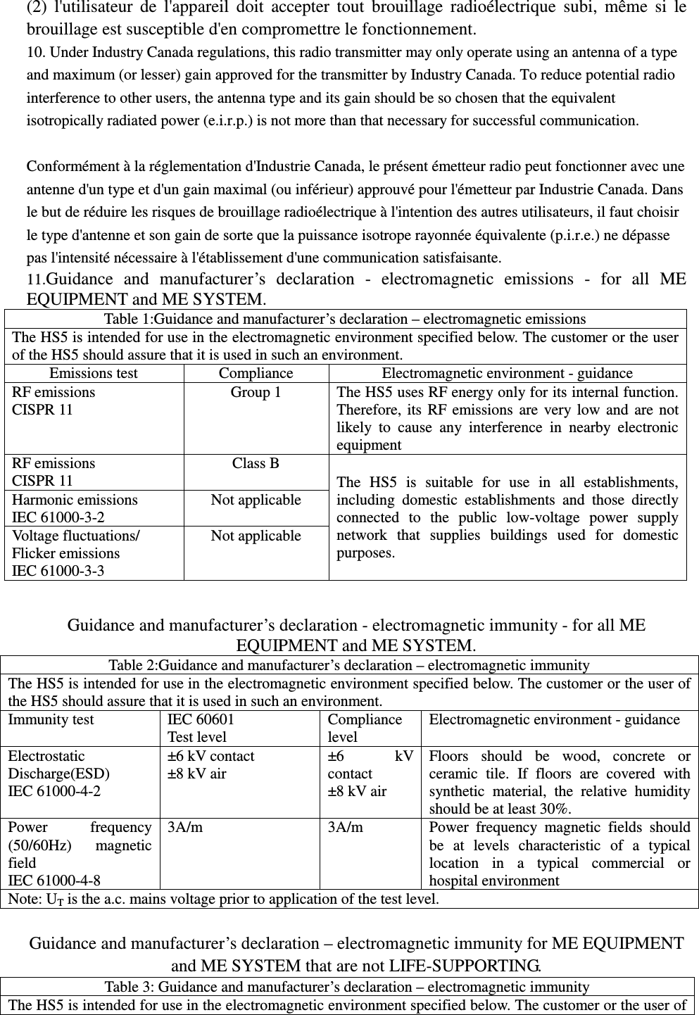 (2)  l&apos;utilisateur  de  l&apos;appareil  doit  accepter  tout  brouillage  radioélectrique  subi,  même  si  le brouillage est susceptible d&apos;en compromettre le fonctionnement. 10. Under Industry Canada regulations, this radio transmitter may only operate using an antenna of a type and maximum (or lesser) gain approved for the transmitter by Industry Canada. To reduce potential radio interference to other users, the antenna type and its gain should be so chosen that the equivalent isotropically radiated power (e.i.r.p.) is not more than that necessary for successful communication.  Conformément à la réglementation d&apos;Industrie Canada, le présent émetteur radio peut fonctionner avec une antenne d&apos;un type et d&apos;un gain maximal (ou inférieur) approuvé pour l&apos;émetteur par Industrie Canada. Dans le but de réduire les risques de brouillage radioélectrique à l&apos;intention des autres utilisateurs, il faut choisir le type d&apos;antenne et son gain de sorte que la puissance isotrope rayonnée équivalente (p.i.r.e.) ne dépasse pas l&apos;intensité nécessaire à l&apos;établissement d&apos;une communication satisfaisante. 11.Guidance  and  manufacturer’s  declaration  -  electromagnetic  emissions  -  for  all  ME EQUIPMENT and ME SYSTEM. Table 1:Guidance and manufacturer’s declaration – electromagnetic emissions The HS5 is intended for use in the electromagnetic environment specified below. The customer or the user of the HS5 should assure that it is used in such an environment. Emissions test  Compliance  Electromagnetic environment - guidance RF emissions CISPR 11 Group 1  The HS5 uses RF energy only for its internal function. Therefore,  its  RF  emissions  are  very  low  and  are  not likely  to  cause  any  interference  in  nearby  electronic equipment RF emissions CISPR 11 Class B The  HS5  is  suitable  for  use  in  all  establishments, including  domestic  establishments  and  those  directly connected  to  the  public  low-voltage  power  supply network  that  supplies  buildings  used  for  domestic purposes. Harmonic emissions   IEC 61000-3-2 Not applicable Voltage fluctuations/ Flicker emissions IEC 61000-3-3 Not applicable  Guidance and manufacturer’s declaration - electromagnetic immunity - for all ME EQUIPMENT and ME SYSTEM. Table 2:Guidance and manufacturer’s declaration – electromagnetic immunity The HS5 is intended for use in the electromagnetic environment specified below. The customer or the user of the HS5 should assure that it is used in such an environment. Immunity test  IEC 60601 Test level Compliance level Electromagnetic environment - guidance Electrostatic Discharge(ESD) IEC 61000-4-2 ±6 kV contact ±8 kV air ±6  kV contact ±8 kV air Floors  should  be  wood,  concrete  or ceramic  tile.  If  floors  are  covered  with synthetic  material,  the  relative  humidity should be at least 30%. Power  frequency (50/60Hz)  magnetic field   IEC 61000-4-8 3A/m  3A/m  Power  frequency  magnetic  fields  should be  at  levels  characteristic  of  a  typical location  in  a  typical  commercial  or hospital environment Note: UT is the a.c. mains voltage prior to application of the test level.  Guidance and manufacturer’s declaration – electromagnetic immunity for ME EQUIPMENT and ME SYSTEM that are not LIFE-SUPPORTING. Table 3: Guidance and manufacturer’s declaration – electromagnetic immunity The HS5 is intended for use in the electromagnetic environment specified below. The customer or the user of 