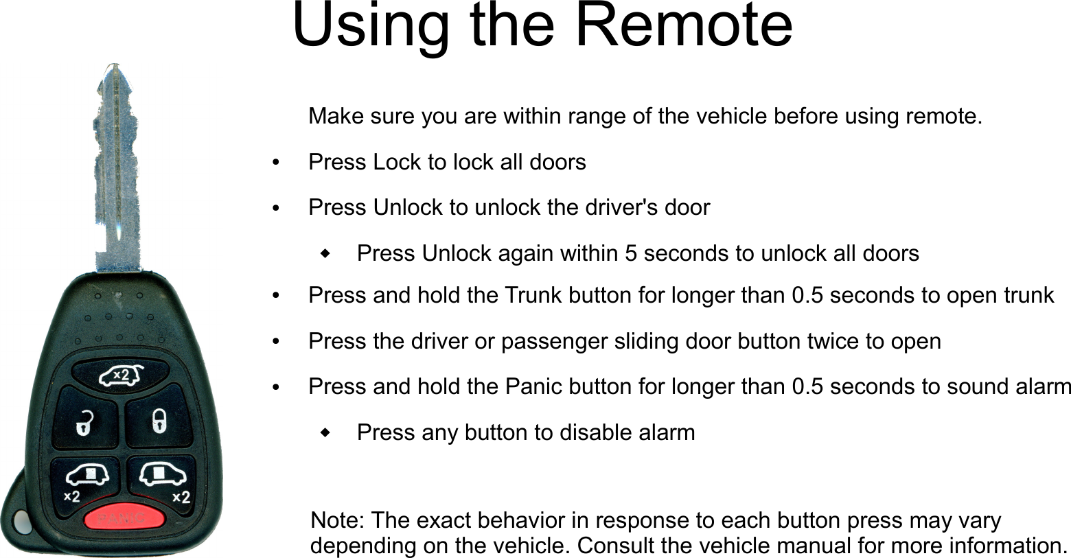    Using the RemoteMake sure you are within range of the vehicle before using remote.●Press Lock to lock all doors●Press Unlock to unlock the driver's doorPress Unlock again within 5 seconds to unlock all doors●Press and hold the Trunk button for longer than 0.5 seconds to open trunk●Press the driver or passenger sliding door button twice to open●Press and hold the Panic button for longer than 0.5 seconds to sound alarmPress any button to disable alarm          Note: The exact behavior in response to each button press may vary                       depending on the vehicle. Consult the vehicle manual for more information.
