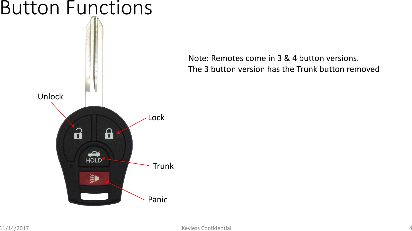 Button Functions11/14/2017 iKeyless Confidential 4TrunkUnlockLockPanicNote: Remotes come in 3 &amp; 4 button versions.The 3 button version has the Trunk button removed