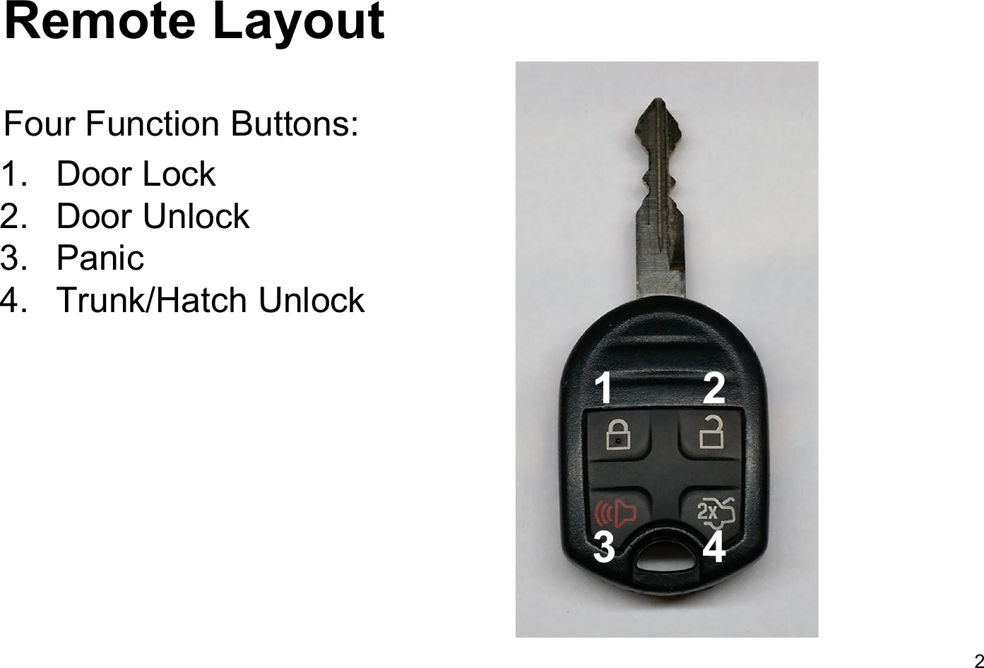 Remote LayoutFour Function Buttons:1. Door Lock2. Door Unlock3. Panic4. Trunk/Hatch Unlock21       23       4