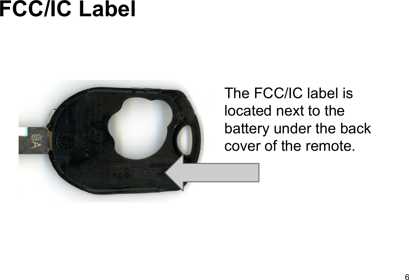 FCC/IC Label6The FCC/IC label is located next to the battery under the back cover of the remote.