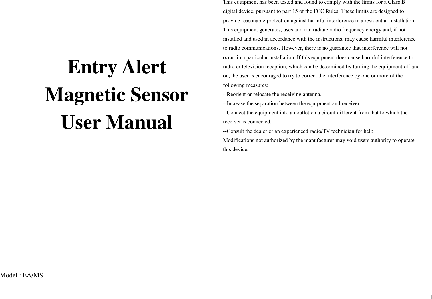 iMAX Technology EAMS Magnetic Sensor Transmitter User Manual ENTRY ALERT ms