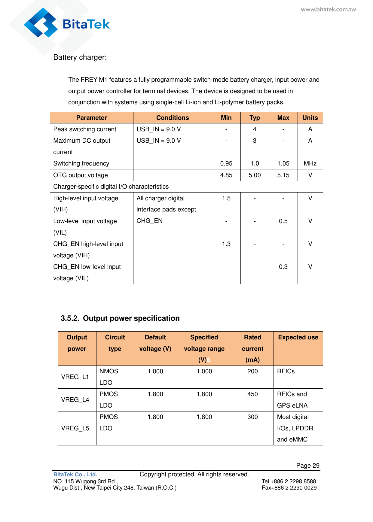   Page 29 BitaTek Co., Ltd.               Copyright protected. All rights reserved. NO. 115 Wugong 3rd Rd.,  Tel +886 2 2298 8588 Wugu Dist., New Taipei City 248, Taiwan (R.O.C.)  Fax+886 2 2290 0029 Battery charger: The FREY M1 features a fully programmable switch-mode battery charger, input power and output power controller for terminal devices. The device is designed to be used in conjunction with systems using single-cell Li-ion and Li-polymer battery packs. Parameter Conditions Min Typ Max Units Peak switching current USB_IN = 9.0 V - 4 - A Maximum DC output current USB_IN = 9.0 V - 3 - A Switching frequency  0.95 1.0 1.05 MHz OTG output voltage  4.85 5.00 5.15 V Charger-specific digital I/O characteristics High-level input voltage (VIH) All charger digital interface pads except CHG_EN 1.5 - - V Low-level input voltage (VIL) - - 0.5 V CHG_EN high-level input voltage (VIH)  1.3 - - V CHG_EN low-level input voltage (VIL)  - - 0.3 V   3.5.2.  Output power specification Output power Circuit type Default voltage (V) Specified voltage range (V)6 Rated current (mA) Expected use VREG_L1 NMOS LDO 1.000 1.000 200 RFICs VREG_L4 PMOS LDO 1.800 1.800 450 RFICs and GPS eLNA VREG_L5 PMOS LDO 1.800 1.800 300 Most digital I/Os, LPDDR and eMMC 