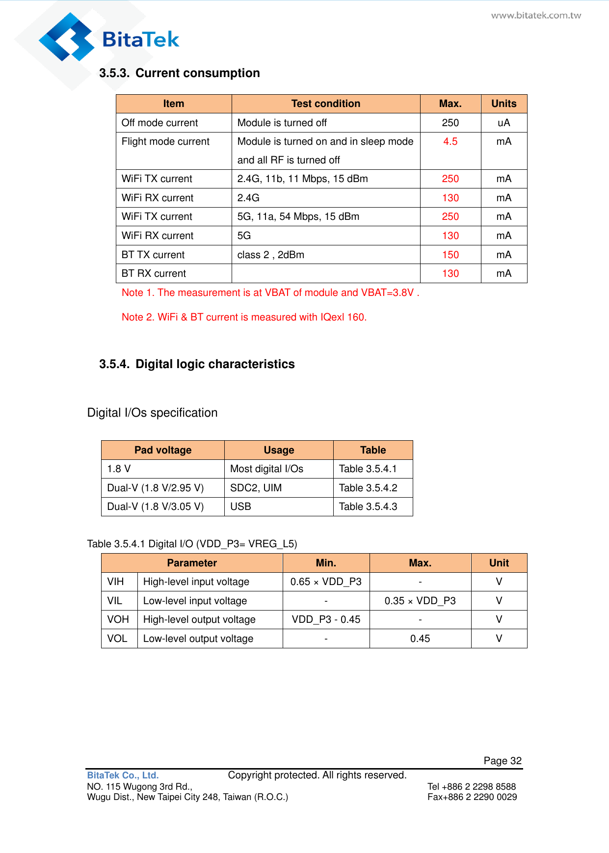   Page 32 BitaTek Co., Ltd.               Copyright protected. All rights reserved. NO. 115 Wugong 3rd Rd.,  Tel +886 2 2298 8588 Wugu Dist., New Taipei City 248, Taiwan (R.O.C.)  Fax+886 2 2290 0029 3.5.3.  Current consumption   Item Test condition Max. Units Off mode current Module is turned off   250 uA Flight mode current   Module is turned on and in sleep mode and all RF is turned off   4.5 mA WiFi TX current 2.4G, 11b, 11 Mbps, 15 dBm 250 mA WiFi RX current 2.4G 130 mA WiFi TX current 5G, 11a, 54 Mbps, 15 dBm 250 mA WiFi RX current 5G 130 mA BT TX current class 2 , 2dBm 150 mA BT RX current  130 mA Note 1. The measurement is at VBAT of module and VBAT=3.8V .   Note 2. WiFi &amp; BT current is measured with IQexl 160.    3.5.4.  Digital logic characteristics Digital I/Os specification Pad voltage Usage Table 1.8 V Most digital I/Os Table 3.5.4.1 Dual-V (1.8 V/2.95 V) SDC2, UIM Table 3.5.4.2 Dual-V (1.8 V/3.05 V) USB Table 3.5.4.3  Table 3.5.4.1 Digital I/O (VDD_P3= VREG_L5) Parameter Min. Max. Unit VIH High-level input voltage 0.65 × VDD_P3 - V VIL Low-level input voltage - 0.35 × VDD_P3 V VOH High-level output voltage VDD_P3 - 0.45 - V VOL Low-level output voltage - 0.45 V      