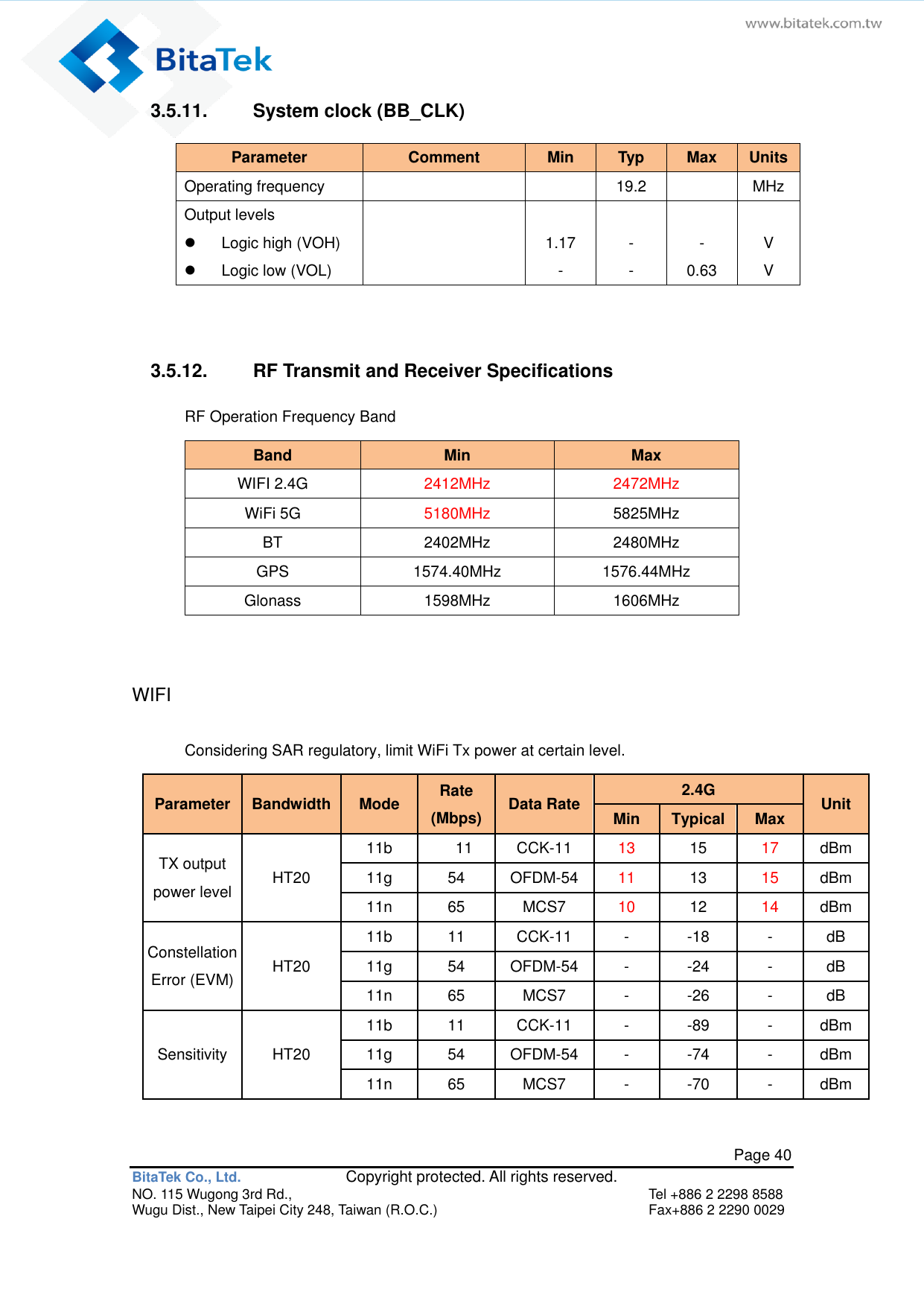   Page 40 BitaTek Co., Ltd.               Copyright protected. All rights reserved. NO. 115 Wugong 3rd Rd.,  Tel +886 2 2298 8588 Wugu Dist., New Taipei City 248, Taiwan (R.O.C.)  Fax+886 2 2290 0029 3.5.11.  System clock (BB_CLK) Parameter Comment Min Typ Max Units Operating frequency   19.2  MHz Output levels   Logic high (VOH)   Logic low (VOL)   1.17 -  - -  - 0.63  V V   3.5.12.  RF Transmit and Receiver Specifications RF Operation Frequency Band Band Min Max WIFI 2.4G 2412MHz 2472MHz WiFi 5G 5180MHz 5825MHz BT 2402MHz 2480MHz GPS 1574.40MHz 1576.44MHz Glonass 1598MHz 1606MHz  WIFI Considering SAR regulatory, limit WiFi Tx power at certain level. Parameter Bandwidth Mode Rate     (Mbps) Data Rate 2.4G Unit Min Typical Max TX output power level HT20 11b 11 CCK-11 13 15 17 dBm 11g 54 OFDM-54 11 13 15 dBm 11n 65 MCS7 10 12 14 dBm Constellation Error (EVM) HT20 11b 11 CCK-11 - -18 - dB 11g 54 OFDM-54 - -24 - dB 11n 65 MCS7 - -26 - dB Sensitivity HT20 11b 11 CCK-11 - -89 - dBm 11g 54 OFDM-54 - -74 - dBm 11n 65 MCS7 - -70 - dBm  