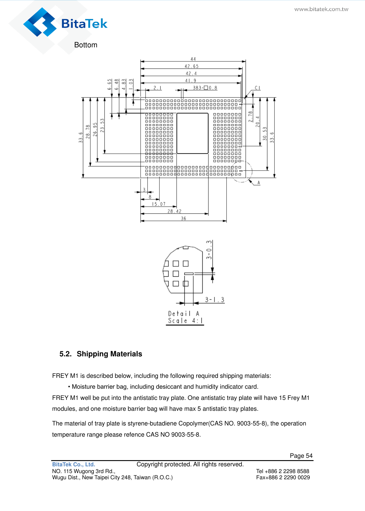   Page 54 BitaTek Co., Ltd.               Copyright protected. All rights reserved. NO. 115 Wugong 3rd Rd.,  Tel +886 2 2298 8588 Wugu Dist., New Taipei City 248, Taiwan (R.O.C.)  Fax+886 2 2290 0029 Bottom   5.2.  Shipping Materials FREY M1 is described below, including the following required shipping materials: • Moisture barrier bag, including desiccant and humidity indicator card. FREY M1 well be put into the antistatic tray plate. One antistatic tray plate will have 15 Frey M1 modules, and one moisture barrier bag will have max 5 antistatic tray plates. The material of tray plate is styrene-butadiene Copolymer(CAS NO. 9003-55-8), the operation temperature range please refence CAS NO 9003-55-8. 