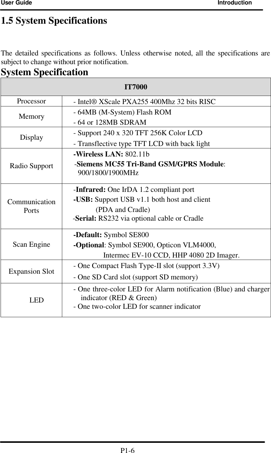  User Guide Introduction                               1.5 System Specifications The detailed specifications as follows. Unless otherwise noted, all the specifications are subject to change without prior notification. System Specification IT7000   Processor - Intel® XScale PXA255 400Mhz 32 bits RISC Memory - 64MB (M-System) Flash ROM   - 64 or 128MB SDRAM Display - Support 240 x 320 TFT 256K Color LCD - Transflective type TFT LCD with back light Radio Support -Wireless LAN: 802.11b      -Siemens MC55 Tri-Band GSM/GPRS Module: 900/1800/1900MHz Communication Ports -Infrared: One IrDA 1.2 compliant port -USB: Support USB v1.1 both host and client   (PDA and Cradle)   -Serial: RS232 via optional cable or Cradle   Scan Engine -Default: Symbol SE800   -Optional: Symbol SE900, Opticon VLM4000,         Intermec EV-10 CCD, HHP 4080 2D Imager. Expansion Slot - One Compact Flash Type-II slot (support 3.3V) - One SD Card slot (support SD memory) LED - One three-color LED for Alarm notification (Blue) and charger indicator (RED &amp; Green) - One two-color LED for scanner indicator                                                   P1-6 