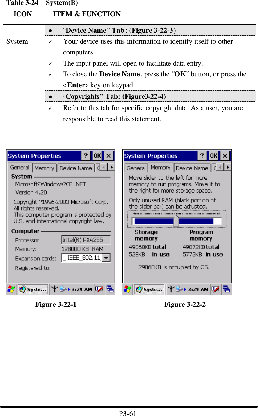 Table 3-24  System(B)   ICON  ITEM &amp; FUNCTION l “Device Name” Tab : (Figure 3-22-3) ü Your device uses this information to identify itself to other computers. ü The input panel will open to facilitate data entry. ü To close the Device Name, press the “OK” button, or press the &lt;Enter&gt; key on keypad. l “Copyrights” Tab: (Figure3-22-4)  System ü Refer to this tab for specific copyright data. As a user, you are responsible to read this statement.                                     Figure 3-22-1                        Figure 3-22-2          P3-61 