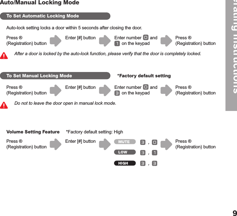 Operating Instructions9Auto/Manual Locking ModeTo Set Automatic Locking ModeTo Set Manual Locking ModeVolume Setting Feature*Factory default setting*Factory default setting: HighAfter a door is locked by the auto-lock function, please verify that the door is completely locked.Do not to leave the door open in manual lock mode.Auto-lock setting locks a door within 5 seconds after closing the door.Press ® (Registration) buttonPress ® (Registration) buttonPress ® (Registration) buttonPress ® (Registration) buttonPress ® (Registration) buttonPress ® (Registration) buttonEnter [#] buttonEnter [#] buttonEnter [#] buttonEnter number       and      on the keypadEnter number       and      on the keypad