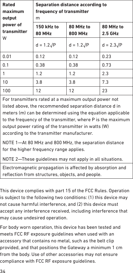 34Rated  maximum output power of transmitter WSeparation distance according to  frequency of transmitter m150 kHz to  80 MHz 80 MHz to 800 MHz80 MHz to  2.5 GHzd = 1.2√P d = 1.2√P d = 2.3√P0.01 0.12 0.12 0.230.1 0.38 0.38 0.731 1.2 1.2 2.310 3.8 3.8 7.3100 12 12 23For transmitters rated at a maximum output power not listed above, the recommended separation distance d in meters (m) can be determined using the equation applicable to the frequency of the transmitter, where P is the maximum output power rating of the transmitter in watts (W) according to the transmitter manufacturer.NOTE 1—At 80 MHz and 800 MHz, the separation distance for the higher frequency range applies.NOTE 2—These guidelines may not apply in all situations.Electromagnetic propagation is aected by absorption and reection from structures, objects, and people. This device complies with part 15 of the FCC Rules. Operation is subject to the following two conditions: (1) this device may not cause harmful interference, and (2) this device must accept any interference received, including interference that may cause undesired operation.For body worn operation, this device has been tested and meets FCC RF exposure guidelines when used with an accessory that contains no metal, such as the belt clip provided, and that positions the Gateway a minimum 1 cm from the body. Use of other accessories may not ensure compliance with FCC RF exposure guidelines.