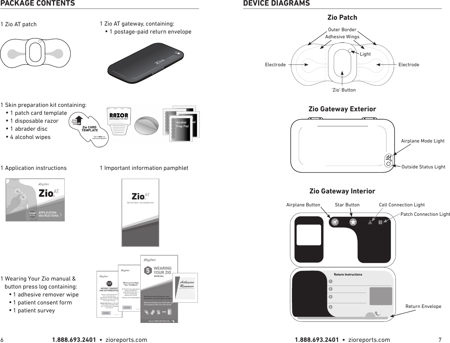 1.888.693.2401  •  zioreports.com 1.888.693.2401  •  zioreports.com6 7PACKAGE CONTENTS1 Zio AT patch1 Application instructions 1 Important information pamphlet1 Zio AT gateway, containing:   • 1 postage-paid return envelope1 Wearing Your Zio manual &amp;    button press log containing:      • 1 adhesive remover wipe      • 1 patient consent form      • 1 patient survey1 Skin preparation kit containing:   • 1 patch card template   • 1 disposable razor   • 1 abrader disc   • 4 alcohol wipesDEVICE DIAGRAMSOuter BorderAdhesive WingsElectrode                                                                                             ElectrodeLightZio PatchZio Gateway ExteriorAirplane Mode LightOutside Status LightZio Gateway InteriorAirplane Button Star Button Cell Connection LightPatch Connection LightReturn Envelope‘Zio’ Button