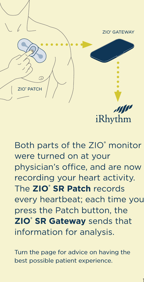 1Both parts of the ZIO® monitor were turned on at your physician’s oce, and are now recording your heart activity. The ZIO® SR Patch records every heartbeat; each time you press the Patch button, the ZIO® SR Gateway sends that information for analysis.Turn the page for advice on having the best possible patient experience.ZIO® PATCHZIO® GATEWAY1