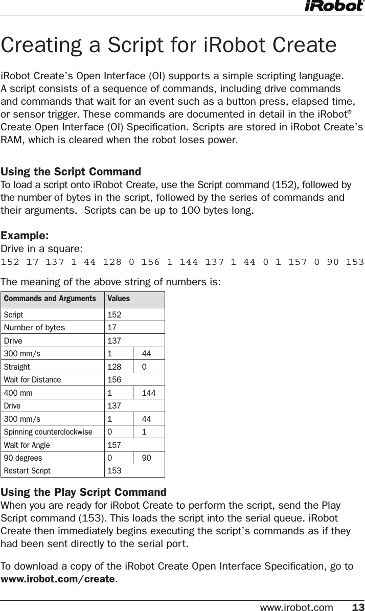 www.irobot.com 13 Creating a Script for iRobot CreateiRobot Create’s Open Interface (OI) supports a simple scripting language.  A script consists of a sequence of commands, including drive commands and commands that wait for an event such as a button press, elapsed time, or sensor trigger. These commands are documented in detail in the iRobot® Create Open Interface (OI) Speciﬁcation. Scripts are stored in iRobot Create’s RAM, which is cleared when the robot loses power.Using the Script CommandTo load a script onto iRobot Create, use the Script command (152), followed by the number of bytes in the script, followed by the series of commands and their arguments.  Scripts can be up to 100 bytes long.Example:Drive in a square: 152 17 137 1 44 128 0 156 1 144 137 1 44 0 1 157 0 90 153The meaning of the above string of numbers is: Using the Play Script CommandWhen you are ready for iRobot Create to perform the script, send the Play Script command (153). This loads the script into the serial queue. iRobot Create then immediately begins executing the script’s commands as if they had been sent directly to the serial port. To download a copy of the iRobot Create Open Interface Speciﬁcation, go to www.irobot.com/create. Commands and Arguments ValuesScript 152Number of bytes17Drive               137300 mm/s 1             44Straight 128         0Wait for Distance 156400 mm 1             144Drive 137300 mm/s 1             44Spinning counterclockwise 0             1Wait for Angle 15790 degrees 0             90Restart Script 153