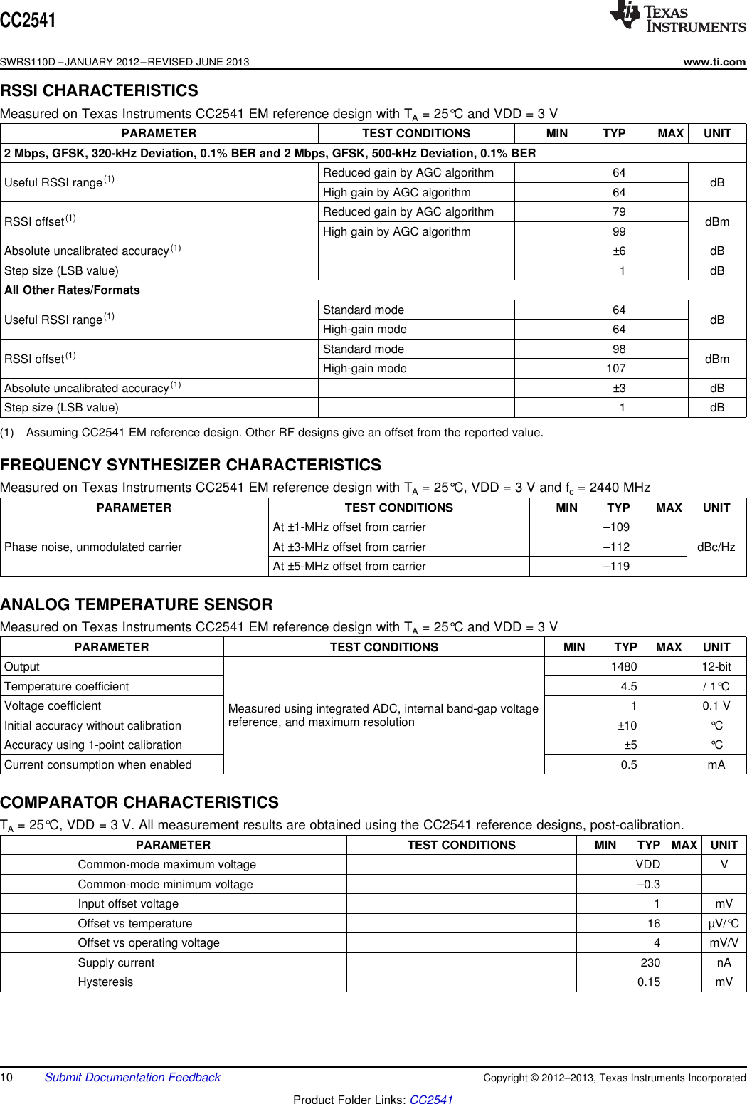 CC2541SWRS110D –JANUARY 2012–REVISED JUNE 2013www.ti.comRSSI CHARACTERISTICSMeasured on Texas Instruments CC2541 EM reference design with TA= 25°C and VDD = 3 VPARAMETER TEST CONDITIONS MIN TYP MAX UNIT2 Mbps, GFSK, 320-kHz Deviation, 0.1% BER and 2 Mbps, GFSK, 500-kHz Deviation, 0.1% BERReduced gain by AGC algorithm 64Useful RSSI range(1) dBHigh gain by AGC algorithm 64Reduced gain by AGC algorithm 79RSSI offset(1) dBmHigh gain by AGC algorithm 99Absolute uncalibrated accuracy(1) ±6 dBStep size (LSB value) 1 dBAll Other Rates/FormatsStandard mode 64Useful RSSI range(1) dBHigh-gain mode 64Standard mode 98RSSI offset(1) dBmHigh-gain mode 107Absolute uncalibrated accuracy(1) ±3 dBStep size (LSB value) 1 dB(1) Assuming CC2541 EM reference design. Other RF designs give an offset from the reported value.FREQUENCY SYNTHESIZER CHARACTERISTICSMeasured on Texas Instruments CC2541 EM reference design with TA= 25°C, VDD = 3 V and fc= 2440 MHzPARAMETER TEST CONDITIONS MIN TYP MAX UNITAt ±1-MHz offset from carrier –109Phase noise, unmodulated carrier At ±3-MHz offset from carrier –112 dBc/HzAt ±5-MHz offset from carrier –119ANALOG TEMPERATURE SENSORMeasured on Texas Instruments CC2541 EM reference design with TA= 25°C and VDD = 3 VPARAMETER TEST CONDITIONS MIN TYP MAX UNITOutput 1480 12-bitTemperature coefficient 4.5 / 1°CVoltage coefficient 1 0.1 VMeasured using integrated ADC, internal band-gap voltagereference, and maximum resolutionInitial accuracy without calibration ±10 °CAccuracy using 1-point calibration ±5 °CCurrent consumption when enabled 0.5 mACOMPARATOR CHARACTERISTICSTA= 25°C, VDD = 3 V. All measurement results are obtained using the CC2541 reference designs, post-calibration.PARAMETER TEST CONDITIONS MIN TYP MAX UNITCommon-mode maximum voltage VDD VCommon-mode minimum voltage –0.3Input offset voltage 1 mVOffset vs temperature 16 µV/°COffset vs operating voltage 4 mV/VSupply current 230 nAHysteresis 0.15 mV10 Submit Documentation Feedback Copyright © 2012–2013, Texas Instruments IncorporatedProduct Folder Links: CC2541