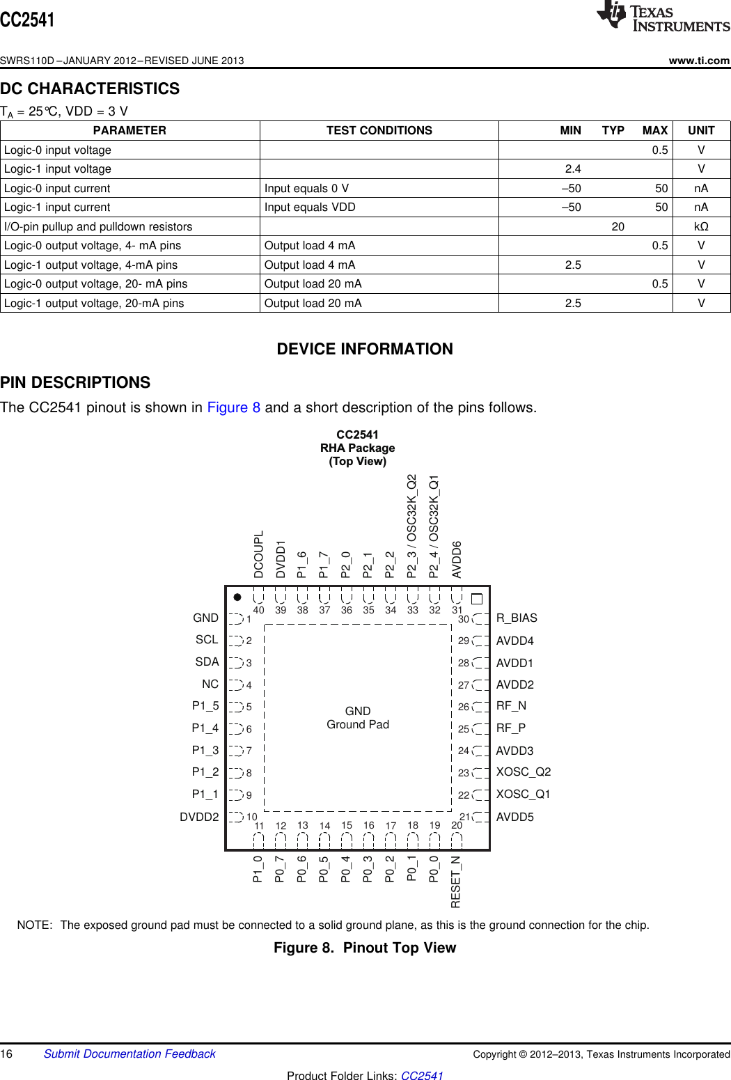 CC2541RHA Package(Top View)P0_1RESET_NP2_3 / OSC32K_Q2AVDD6NCR_BIASP0_2P0_0AVDD4P0_3AVDD1P0_4AVDD2P0_5RF_NP0_6RF_PP0_7AVDD3XOSC_Q1P1_0XOSC_Q2AVDD5P2_2P2_4 / OSC32K_Q1SCLP2_1SDAP2_0GNDP1_7P1_5P1_6P1_4DVDD1P1_3P1_1DCOUPLP1_2DVDD23012922832742652562422792321810 18 2033 3117 1934 32163515361437133812391140GNDGround PadCC2541SWRS110D –JANUARY 2012–REVISED JUNE 2013www.ti.comDC CHARACTERISTICSTA= 25°C, VDD = 3 VPARAMETER TEST CONDITIONS MIN TYP MAX UNITLogic-0 input voltage 0.5 VLogic-1 input voltage 2.4 VLogic-0 input current Input equals 0 V –50 50 nALogic-1 input current Input equals VDD –50 50 nAI/O-pin pullup and pulldown resistors 20 kΩLogic-0 output voltage, 4- mA pins Output load 4 mA 0.5 VLogic-1 output voltage, 4-mA pins Output load 4 mA 2.5 VLogic-0 output voltage, 20- mA pins Output load 20 mA 0.5 VLogic-1 output voltage, 20-mA pins Output load 20 mA 2.5 VDEVICE INFORMATIONPIN DESCRIPTIONSThe CC2541 pinout is shown in Figure 8 and a short description of the pins follows.NOTE: The exposed ground pad must be connected to a solid ground plane, as this is the ground connection for the chip.Figure 8. Pinout Top View16 Submit Documentation Feedback Copyright © 2012–2013, Texas Instruments IncorporatedProduct Folder Links: CC2541