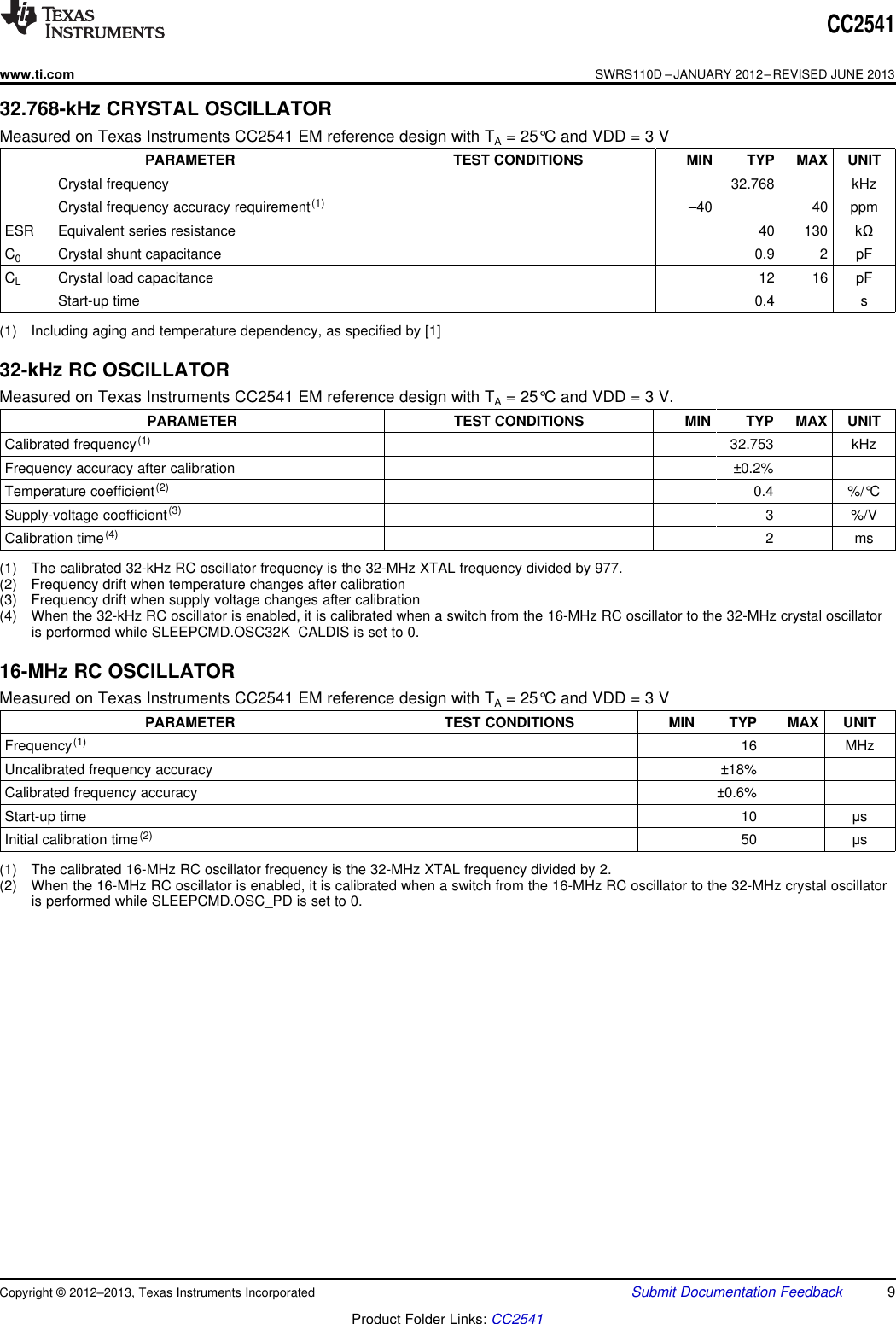 CC2541www.ti.comSWRS110D –JANUARY 2012–REVISED JUNE 201332.768-kHz CRYSTAL OSCILLATORMeasured on Texas Instruments CC2541 EM reference design with TA= 25°C and VDD = 3 VPARAMETER TEST CONDITIONS MIN TYP MAX UNITCrystal frequency 32.768 kHzCrystal frequency accuracy requirement(1) –40 40 ppmESR Equivalent series resistance 40 130 kΩC0Crystal shunt capacitance 0.9 2 pFCLCrystal load capacitance 12 16 pFStart-up time 0.4 s(1) Including aging and temperature dependency, as specified by [1]32-kHz RC OSCILLATORMeasured on Texas Instruments CC2541 EM reference design with TA= 25°C and VDD = 3 V.PARAMETER TEST CONDITIONS MIN TYP MAX UNITCalibrated frequency(1) 32.753 kHzFrequency accuracy after calibration ±0.2%Temperature coefficient(2) 0.4 %/°CSupply-voltage coefficient(3) 3 %/VCalibration time(4) 2 ms(1) The calibrated 32-kHz RC oscillator frequency is the 32-MHz XTAL frequency divided by 977.(2) Frequency drift when temperature changes after calibration(3) Frequency drift when supply voltage changes after calibration(4) When the 32-kHz RC oscillator is enabled, it is calibrated when a switch from the 16-MHz RC oscillator to the 32-MHz crystal oscillatoris performed while SLEEPCMD.OSC32K_CALDIS is set to 0.16-MHz RC OSCILLATORMeasured on Texas Instruments CC2541 EM reference design with TA= 25°C and VDD = 3 VPARAMETER TEST CONDITIONS MIN TYP MAX UNITFrequency(1) 16 MHzUncalibrated frequency accuracy ±18%Calibrated frequency accuracy ±0.6%Start-up time 10 μsInitial calibration time(2) 50 μs(1) The calibrated 16-MHz RC oscillator frequency is the 32-MHz XTAL frequency divided by 2.(2) When the 16-MHz RC oscillator is enabled, it is calibrated when a switch from the 16-MHz RC oscillator to the 32-MHz crystal oscillatoris performed while SLEEPCMD.OSC_PD is set to 0.Copyright © 2012–2013, Texas Instruments Incorporated Submit Documentation Feedback 9Product Folder Links: CC2541
