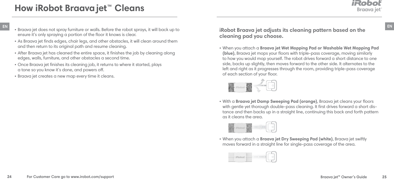  Braava jet™ Owner’s Guide  25EN24  For Customer Care go to www.irobot.com/supportENiRobot Braava jet adjusts its cleaning pattern based on the  cleaning pad you choose.   • When you attach a Braava jet Wet Mopping Pad or Washable Wet Mopping Pad (blue), Braava jet mops your ﬂoors with triple-pass coverage, moving similarly to how you would mop yourself. The robot drives forward a short distance to one side, backs up slightly, then moves forward to the other side. It alternates to the left and right as it progresses through the room, providing triple-pass coverage of each section of your ﬂoor.    • With a Braava jet Damp Sweeping Pad (orange), Braava jet cleans your ﬂoors with gentle yet thorough double-pass cleaning. It ﬁrst drives forward a short dis-tance and then backs up in a straight line, continuing this back and forth pattern as it cleans the area.    • When you attach a Braava jet Dry Sweeping Pad (white), Braava jet swiftly moves forward in a straight line for single-pass coverage of the area. • Braava jet does not spray furniture or walls. Before the robot sprays, it will back up to ensure it’s only spraying a portion of the ﬂoor it knows is clear. • As Braava jet ﬁnds edges, chair legs, and other obstacles, it will clean around them and then return to its original path and resume cleaning. • After Braava jet has cleaned the entire space, it ﬁnishes the job by cleaning along edges, walls, furniture, and other obstacles a second time.• Once Braava jet ﬁnishes its cleaning job, it returns to where it started, plays  a tone so you know it’s done, and powers o.• Braava jet creates a new map every time it cleans.How iRobot Braava jet™ Cleans