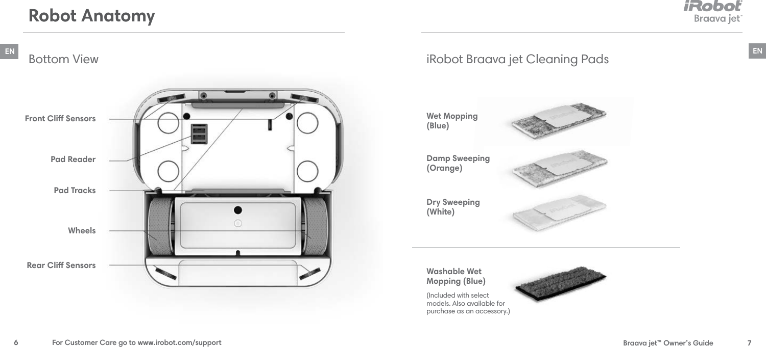  Braava jet™ Owner’s Guide  7EN6  For Customer Care go to www.irobot.com/supportENRobot AnatomyiRobot Braava jet Cleaning PadsBottom ViewWet Mopping (Blue)Damp Sweeping (Orange)Dry Sweeping (White)Washable Wet Mopping (Blue)Front Cli SensorsPad ReaderPad TracksWheelsRear Cli Sensors(Included with select  models. Also available for purchase as an accessory.)