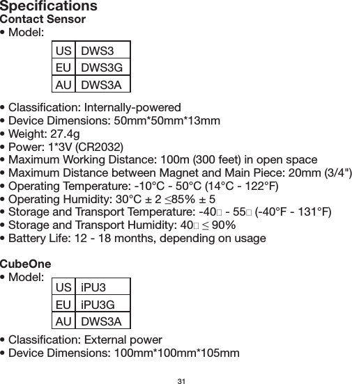 SpecificationsContact Sensor• Model: • Classification: Internally-powered• Device Dimensions: 50mm*50mm*13mm• Weight: 27.4g• Power: 1*3V (CR2032)• Maximum Working Distance: 100m (300 feet) in open space• Maximum Distance between Magnet and Main Piece: 20mm (3/4&quot;)• Operating Temperature: -10°C - 50°C (14°C - 122°F)• Battery Life: 12 - 18 months, depending on usageCubeOne• Model: • Classification: External power• Device Dimensions: 100mm*100mm*105mm31USEUDWS3DWS3GAU DWS3AUSEUiPU3iPU3GAU DWS3A