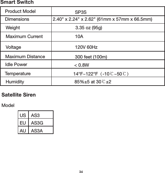 USEUAS3AS3GAU AS3A34Product ModelDimensionsWeight Maximum Current VoltageMaximum DistanceIdle PowerTemperature3.35 oz (95g) 2.40&quot; x 2.24&quot; x 2.62&quot; (61mm x 57mm x 66.5mm)10ASP3S120V 60Hz 300 feet (100m) &lt; 0.8W14°F~122°F（-10℃~50℃）℃±2HumiditySmart SwitchSatellite SirenModel