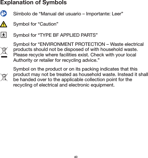 Explanation of SymbolsSímbolo de “Manual del usuario – Importante: Leer” Symbol for “Caution”Symbol for “TYPE BF APPLIED PARTS”Symbol for “ENVIRONMENT PROTECTION – Waste electrical products should not be disposed of with household waste. Please recycle where facilities exist. Check with your local Authority or retailer for recycling advice.”Symbol on the product or on its packing indicates that this product may not be treated as household waste. Instead it shall be handed over to the applicable collection point for the recycling of electrical and electronic equipment.40